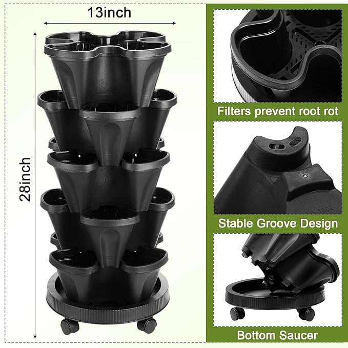 Umigy 2 Set 5 Tier Stackable Planters Vertical Garden Planters for Strawberry Herb Flower and Vegetable Indoor Outdoor Gardening Pots with Removable Wheels and Bottom(Black)