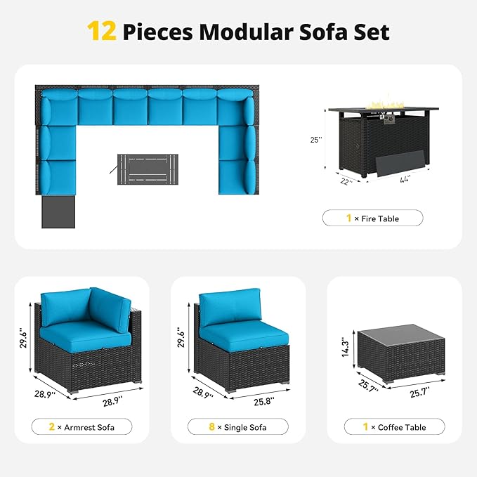 Aoxun Patio Furniture Set with Fire Pit Table, 12 Piece Outdoor Sectional Sofas, 10 Seats Wicker Rattan Outdoor Furniture with Thickened Cushion for Backyard, Garden Peacock Blue