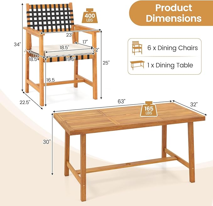 Tangkula 7 Piece Patio Dining Set for 6 People, 63” Outdoor Rectangular Acacia Wood Table with 1.97” Umbrella Hole & 6 Armchairs with Padded Seat Cushions, for Deck Yard and Poolside