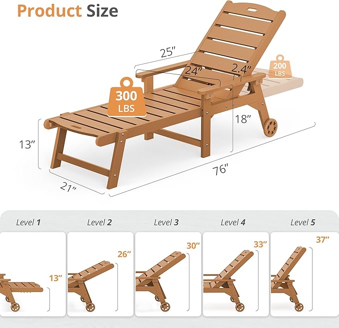 LUE BONA Outdoor Chaise Lounge Chairs Set of 4, HDPS Chaise Lounger, 5 Positions Adjustable Lounge Chairs, Pool Lounge Chair with Wheels for Poolside, 3 Year Warranty, Teak Color