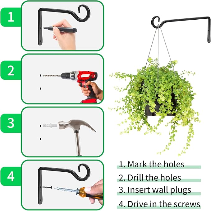 Metal Hanging Plant Hooks, 2 Pack 10 Inch Wall Hooks for Hanging Plants, Bird Feeder, Flower Basket, Wind Chimes, Indoor Outdoor (Black)