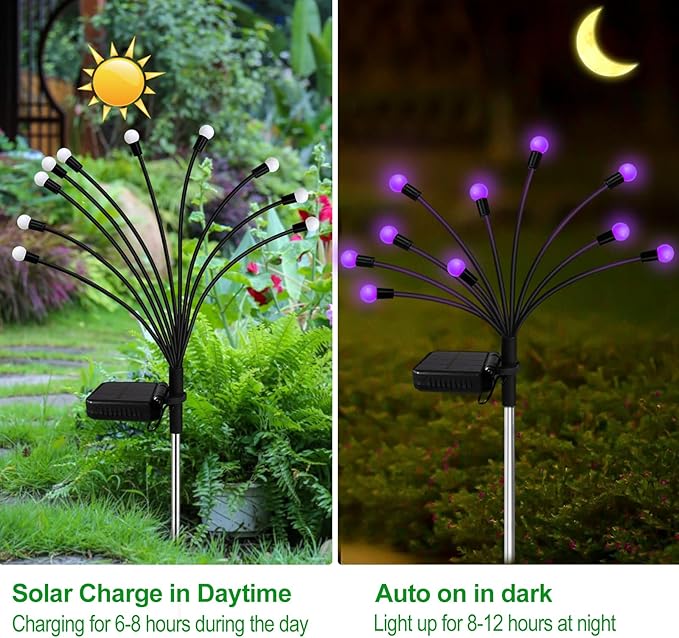 Kohlrabi Solar Garden Lights Outdoor, 4 Pack 40 LED Solar Purple Firefly Lights Waterproof, Sway by Wind, Halloween Swaying Light for Yard Patio Backyard Garden Planter Flower Bed Pathway Decoration