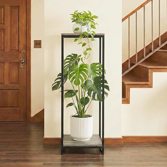 34" Tall Plant Stand Indoor, 2-Tier Modern Plant Shelf, Corner Flower Pot Holder Organizer for Living Room Balcony Patio Garden (Oak Grey)