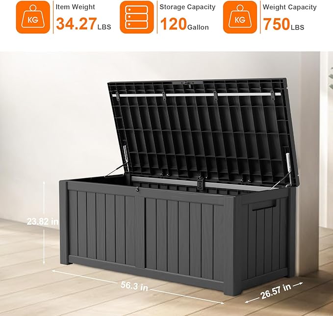 DRATO 120 Gallon Large Deck Box, Outdoor Storage Box for Patio Furniture, Patio Cushions, Gardening Tools, Pool Supplies,660lbs Weight Capacity,Waterproof Resin Storage Boxes（Black，120 Gallon）