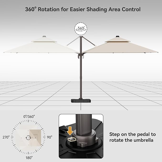 9x12FT Beige Cantilever Outdoor Patio Umbrella with Base, Large Rectangular Offset Design, Double Top Heavy Duty Aluminum Frame & 360° Rotation for Pool Garden Deck Backyard