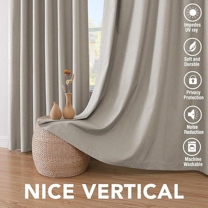 H.VERSAILTEX Linen Blackout Curtains 72 Inches Long 100% Absolutely Blackout Thermal Insulated Textured Linen Look Curtain Draperies Anti-Rust Grommet, Energy Saving with White Liner, 2 Panels, Stone