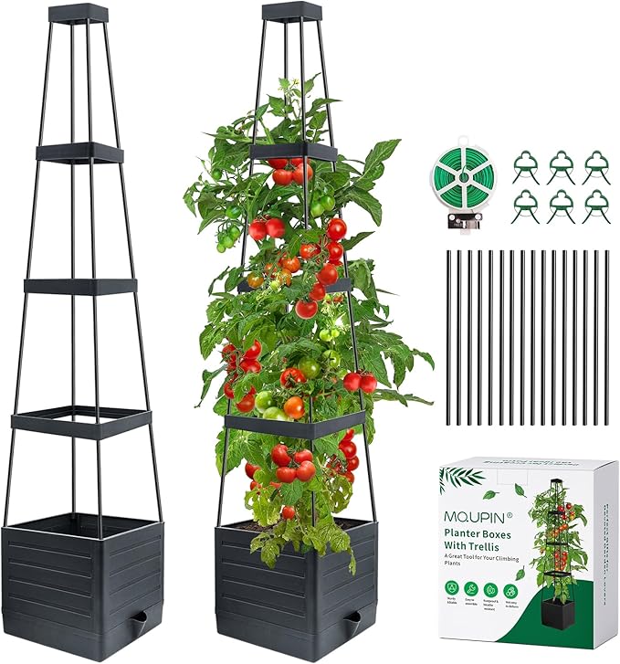 MQUPIN Tomato Planter Box with Trellis for Garden, 57 Inch Self-Watering Raised Garden Bed, Patio Tomato Cage for Climbing Vegetables & Flowers, Upgraded Tomato Pot for Indoor Outdoor Use (2 Pack)