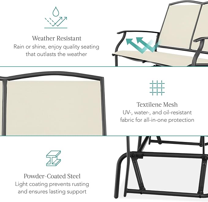 Best Choice Products 2-Person Outdoor Patio Swing Glider Steel Bench Loveseat Rocker for Deck, Porch w/Textilene Fabric, Steel Frame - Ivory/Gray