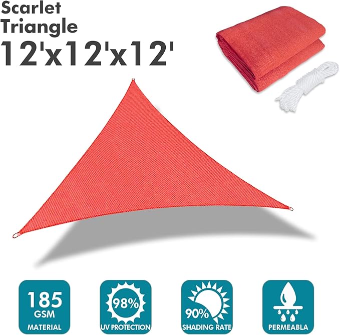KANAGAWA Sun Shade Sail 12'x12'x12' Scarlet Triangle UV Block Canopy Awning Shelter Fabric Cloth Screen for Outdoor Patio Garden Backyard