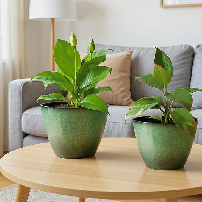 2 Pack Plant Pots for Indoor Outdoor Plants, 8 inch Plastic Flower Pots, Glazed Planter for Aloe, Herbs, Cactus (Green, 2pcs)