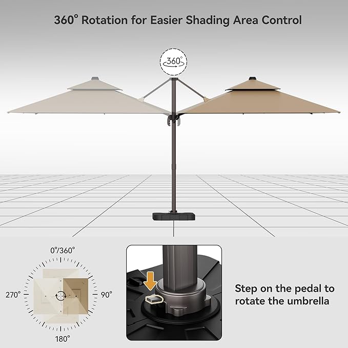 9x12FT Brown Cantilever Outdoor Patio Umbrella with Base, Large Rectangular Offset Design, Double Top Heavy Duty Aluminum Frame & 360° Rotation for Pool Garden Deck Backyard