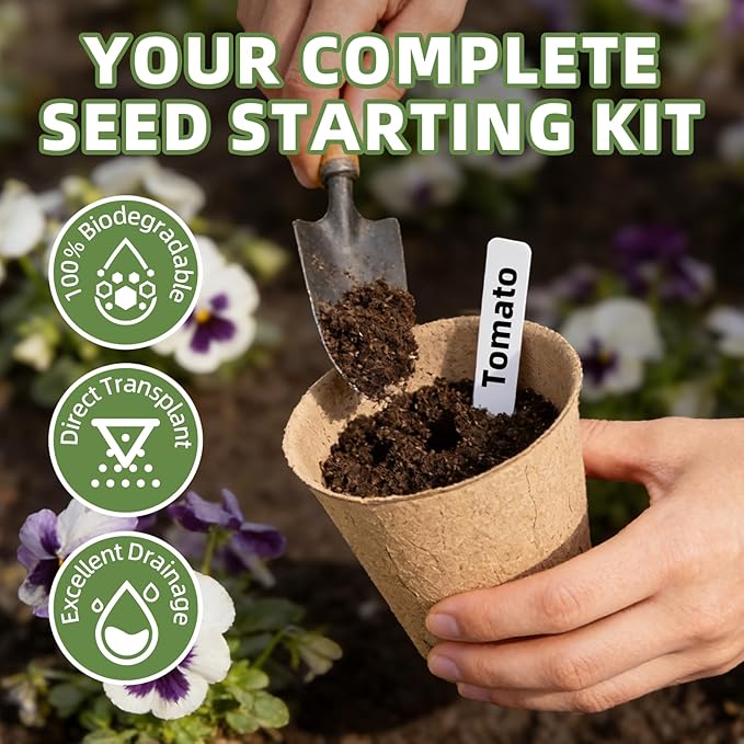 70Pcs Biodegradable 3.15” Peat Pots with 70Pcs Plant Labels, Biodegradable Seed Starter Pots with Drainage Holes, Nursery Pots for Seedlings, Herbs, Vegetables, Flowers, Gardening Kit