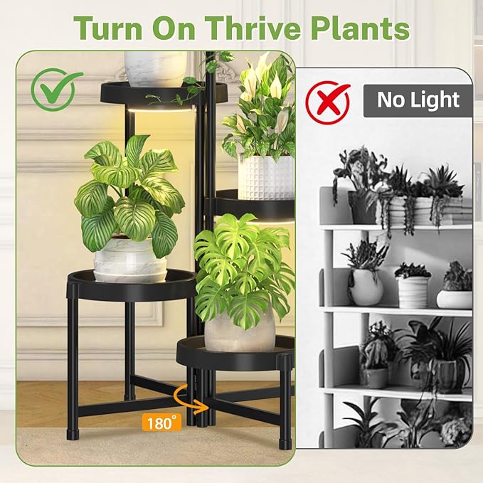 iDavosic.ly 5 Tier Folding Plant Stand Indoor Outdoor with Grow Light, Tiered Corner Flower Holder Shelf with Plastic Tray, Metal Orchid Display Rack for Patio Porch Living Room Garden Balcony, Black