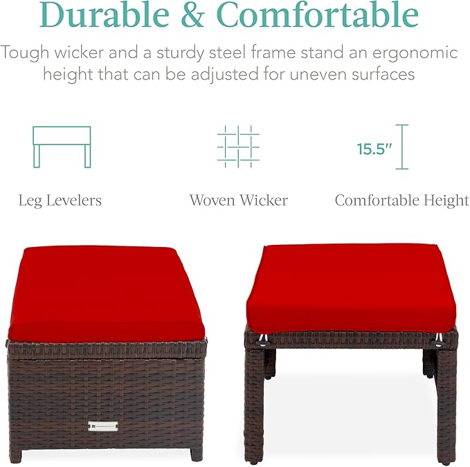 Best Choice Products Set of 2 Wicker Ottomans, Multipurpose Outdoor Furniture for Patio, Backyard, Additional Seating, Footrest, Side Table w/Removable Cushions, Steel Frame - Brown/Red