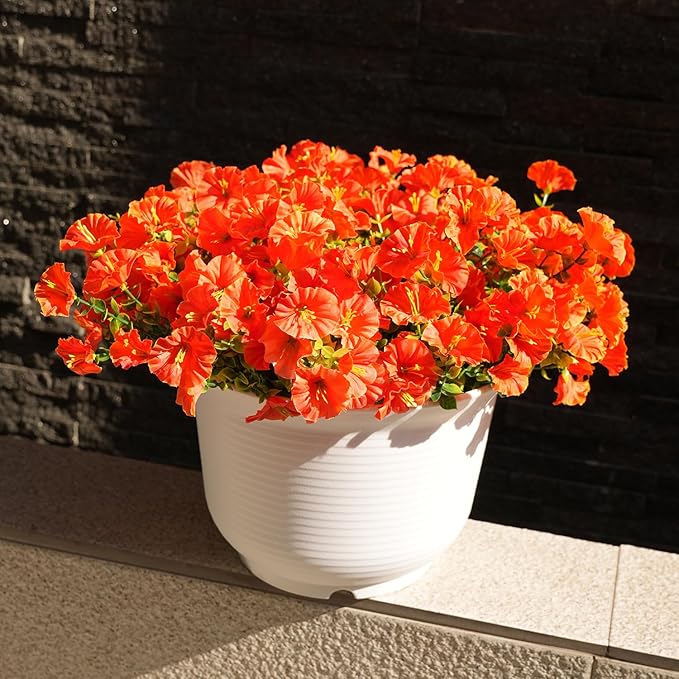 Artificial Flowers for Outdoors, UV Resistant Fake Silk Morning Glory, Realistic Faux Plants for Outside Porch Patio Window Box Hanging Planter (16, Orange)