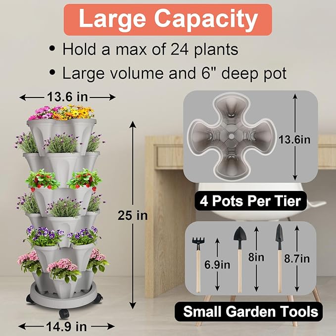 GameXcel Vertical Planter 6 Tier Stackable Planters Garden Planters Strawberry Herb Flower and Vegetable Planter Indoor Outdoor Gardening Pots with Removable Wheels and Tools