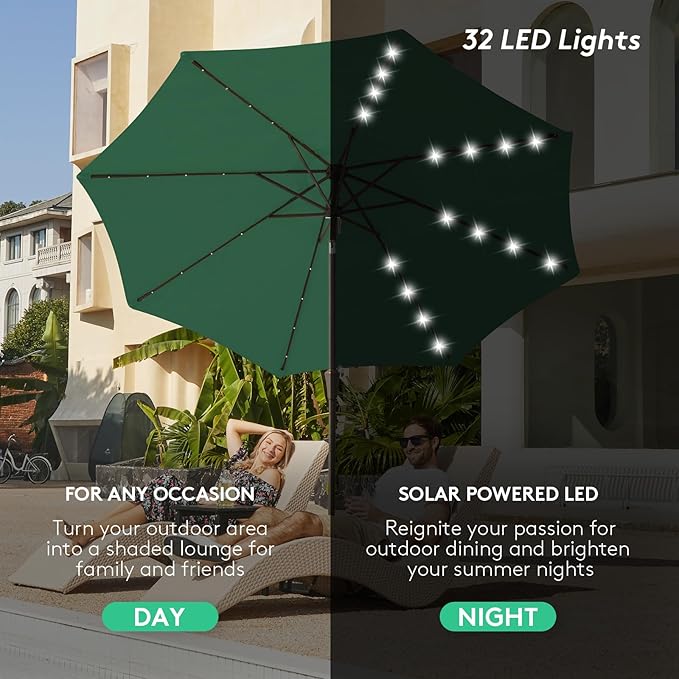 JEAREY Upgrade 9FT LED Lighted Patio Umbrella, Solar Outdoor Umbrella, Tilt Table Umbrella for Pool, Deck & Yard(Dark Green)