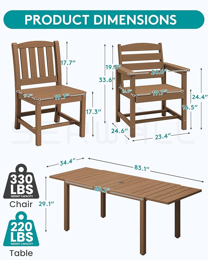 SERWALL 9-Piece Outdoor Dining Set, 60" - 83" Expandable Outdoor Dining Table and 8 HDPE Chairs, All Weather HDPE Outdoor Furniture Set for Backyard, Garden, Brown