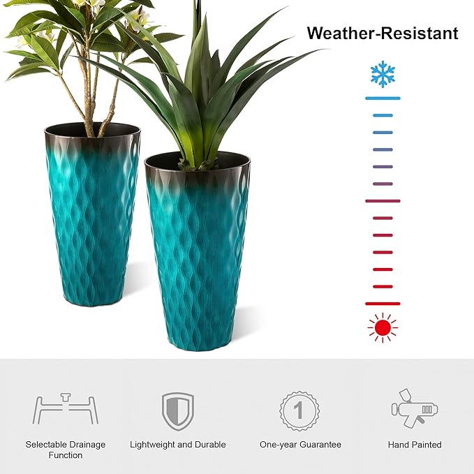 Glitzhome 23.75" H Oversized Tall Planter, Set of 2 Wavy Texture Turquoise Large Planters for Outdoor Plants, with Drainage Hole, Plastic Large Flower Pots for Porch,Garden, Patio or Indoor Use