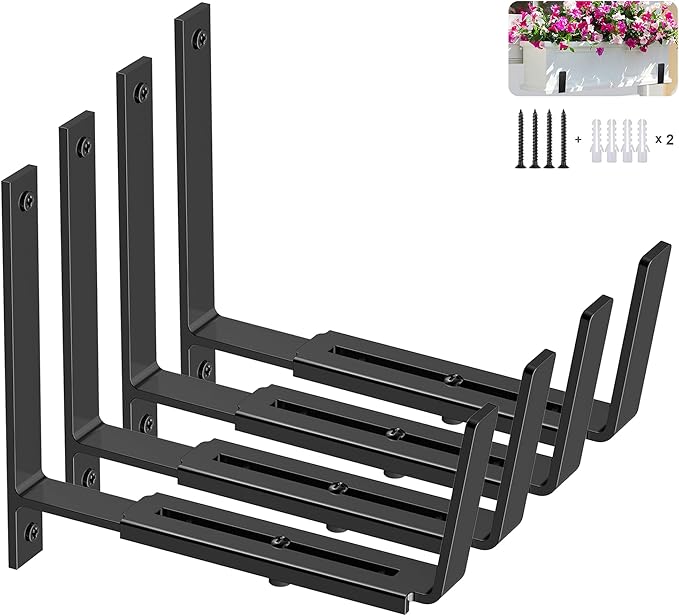 Y&M Adjustable Planter Brackets (6 to 12.5 in), Heavy Duty Iron Window Box Mounting Hooks for Balcony, Fences, Patio, Garden - Black