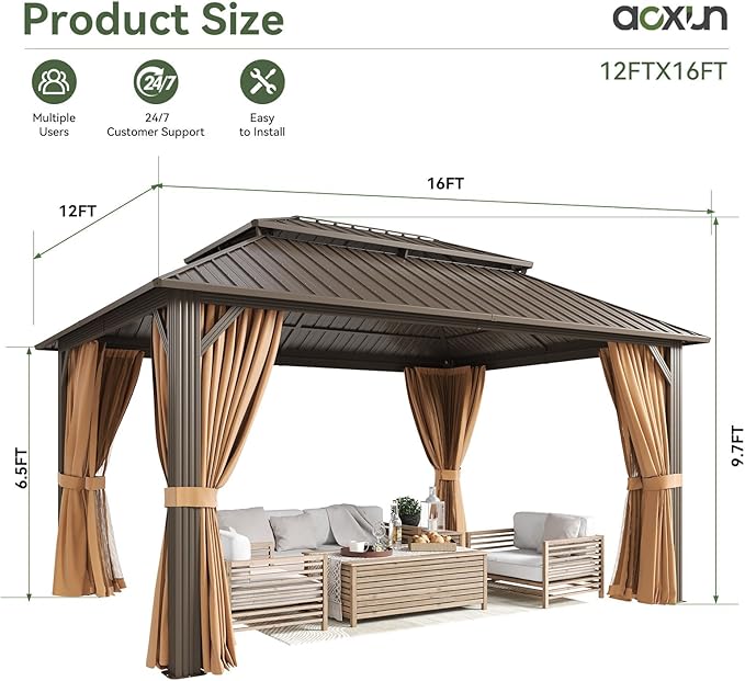 Aoxun 12x16FT Gazebo Outdoor Hardtop Pergolas with Mosquito Netting and Curtains Large Gazebo with Galvanized Steel Double Roof for Gardens, Decks, Patios, Parties (Brown)