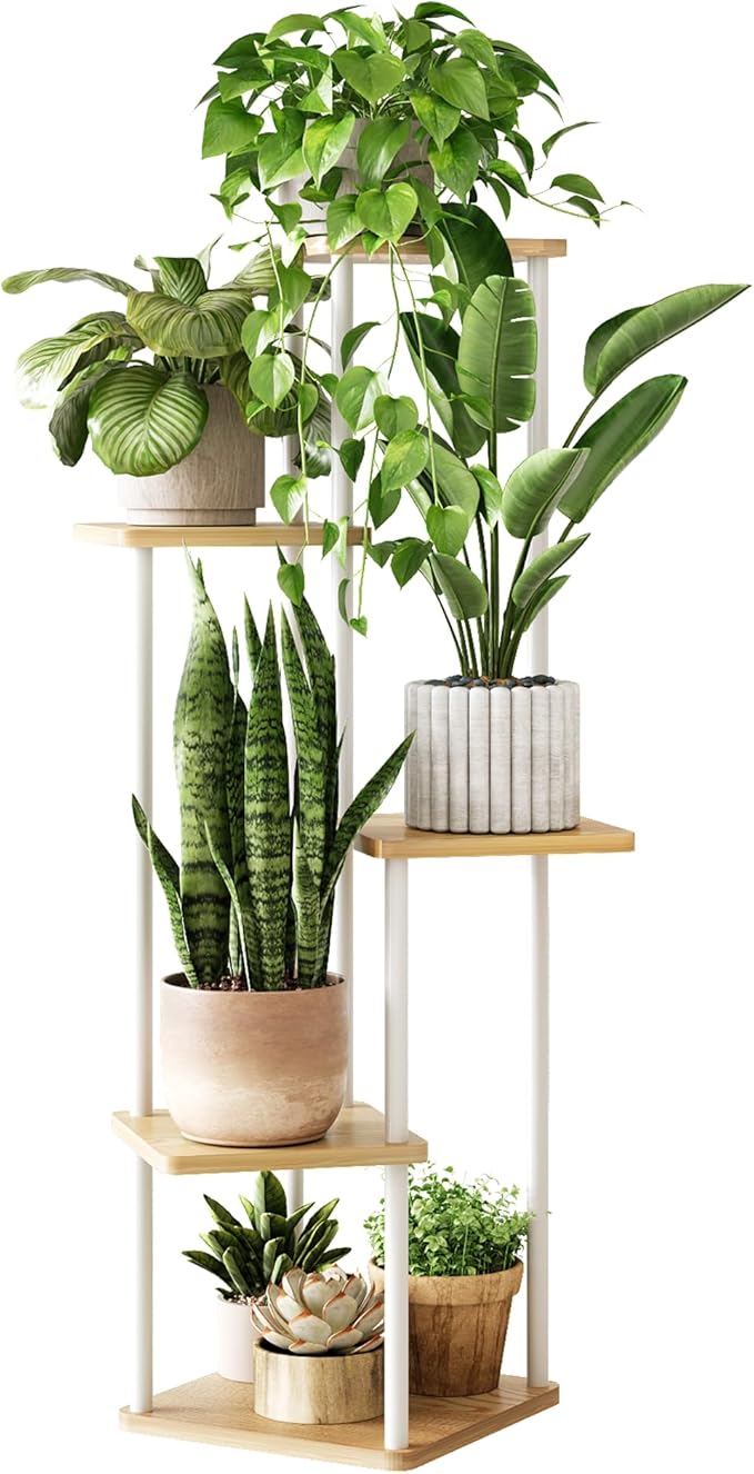 Tall Plant Stand Indoor 5 Tiered Plant Shelf for Multiple Plants Coner Shelf Stand Wood Plant Stand Metal Shelving for Living Room Bedroom Balcony Patio White