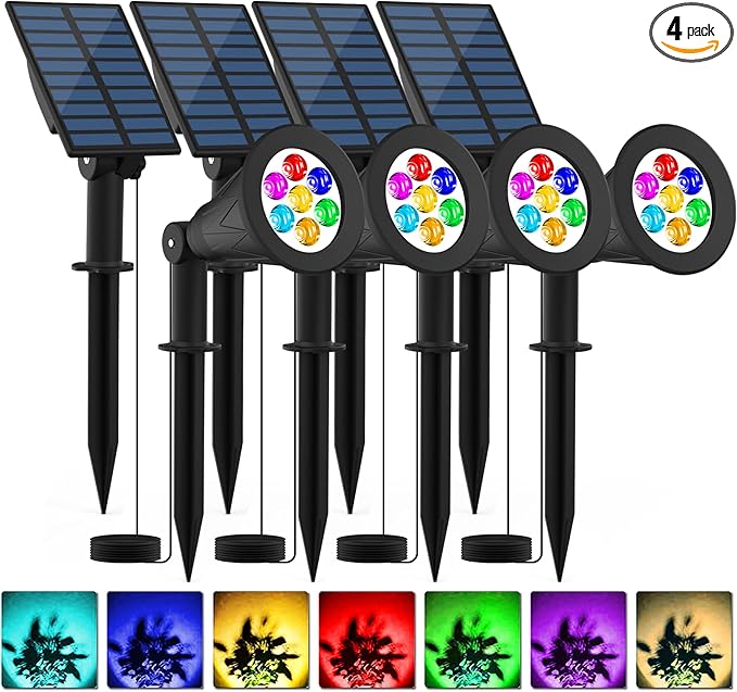 T-SUNUS RGB Solar Landscape Spotlights Christmas, Color Changing Spot Lights Waterproof IP65 Garden Pond Light, 180° Adjustable Wall Tree Light Separately Installed for Outdoor/Indoor Halloween 4 Pack