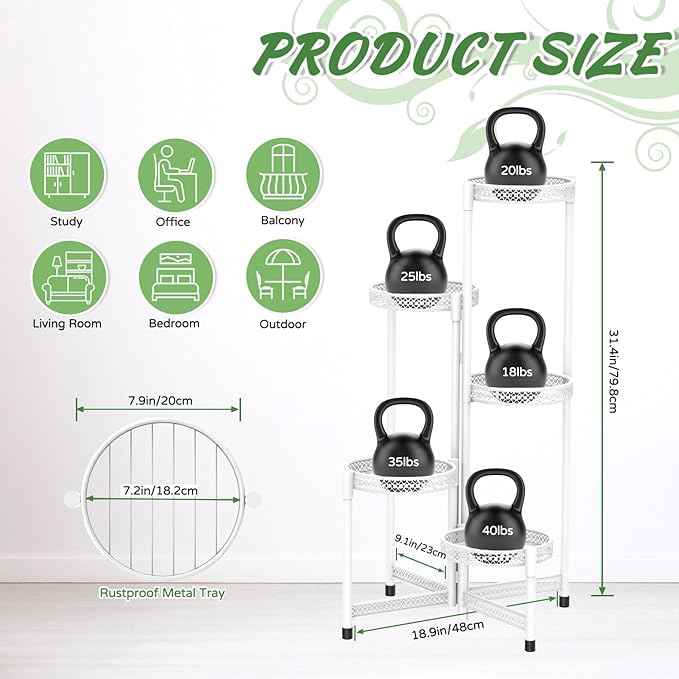 iDavosic.ly Plant Stand Indoor Outdoor, 5 Tier Corner Metal Flower Display Holder Shelf, Easy Assembly Folding Tall Orchid Rack for Patio Balcony Porch Garden Living Room House, Wrought Iron - White