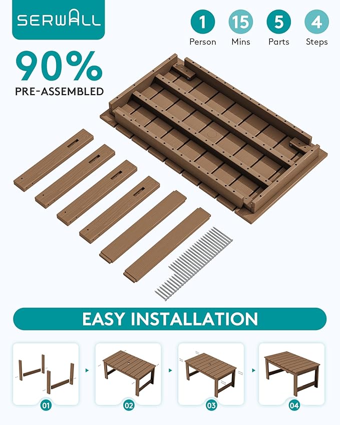 SERWALL Outdoor Coffee Table with 1.69" Umbrella Hole, HDPE Patio Coffee Table for Outside, Rectangle, Brown