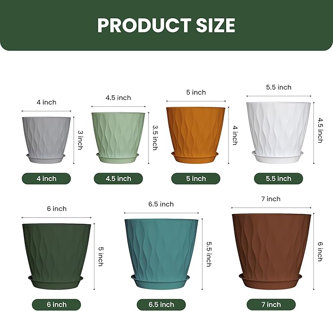 7/6.5/6/5.5/5/4.5/4 inch Plastic Plant Pots, 7 Pack Flower Planter for Indoor Outdoor Plant, Planters with Drainage Holes and Trays (Colorful)