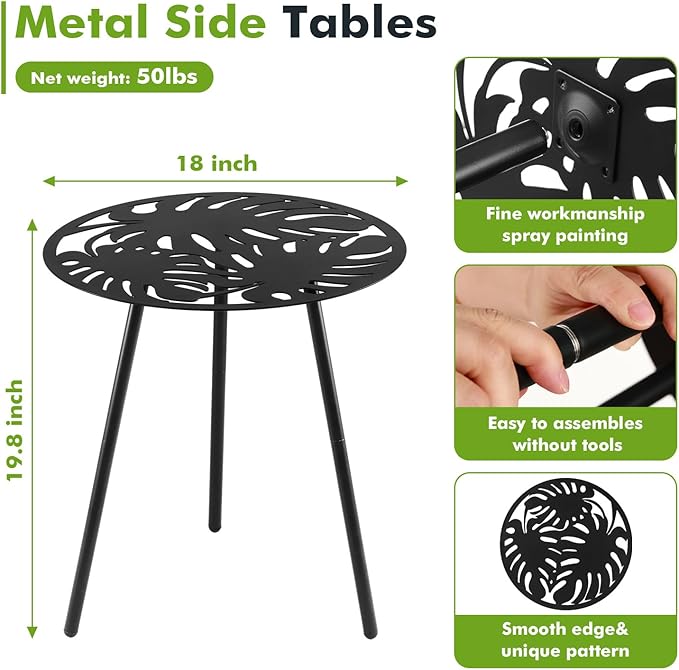 1 Pack Extra-Large Metal Outdoor Side Tables 18 Inches Outside End Table for Patio Round Accent Garden Corner Table for Small Spaces, Balcony, Porch Plant Stand Indoor