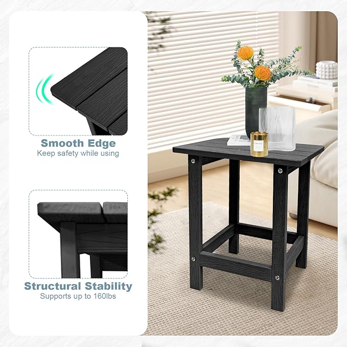 Outdoor Side Table, HDPS Single Adirondack Side Table Weather Resistant, Outside Table for Adirondack Chair, Outside End Table for Patio, Pool, Deck, Porch, Patio or Indoor Use, Black