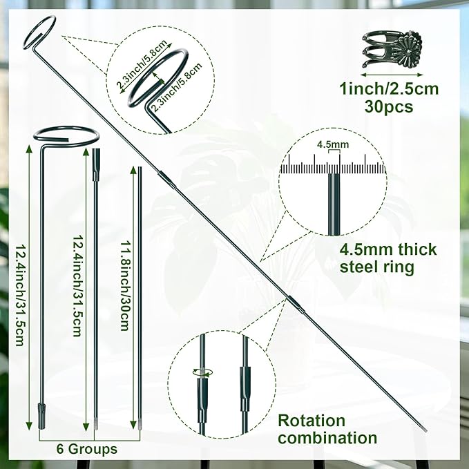 Mwellewm 6 Sets Plant Stakes 12/25/36 Inch Adjustable Plant Support Stakes Tall for Indoor Outdoor Plant Holder Stick Steel Garden Stem Pole Amaryllis Stakes with 30 Clip for Tomato Orchid Lily Flower