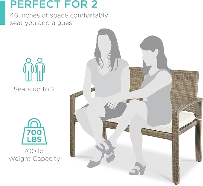 Best Choice Products Outdoor Bench 2-Person Wicker Garden Patio Benches Seating Furniture for Backyard, Porch w/Seat Cushion, 700lb Capacity - White Sand/Taupe