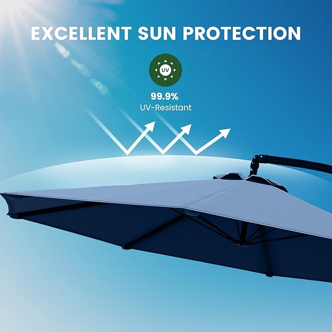OLILAWN 10ft Patio Umbrella with Base Included, Outdoor Offset Cantilever Umbrella Upgraded Yarn-dyed Fabric Shade, Sturdy 8 Rids,360 Degree Rotation & Easy Tilt Adjustment, for Pool Deck Porch Backyard Garden,Sapphire