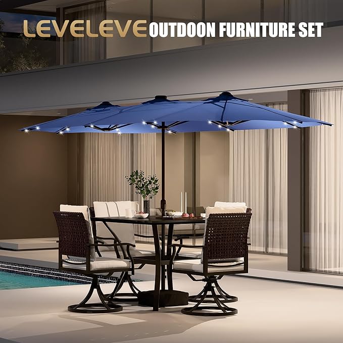 LEVELEVE 14FT Large Patio Patio Umbrella with Base & Solar LED Lights - Double-Sided,Blue