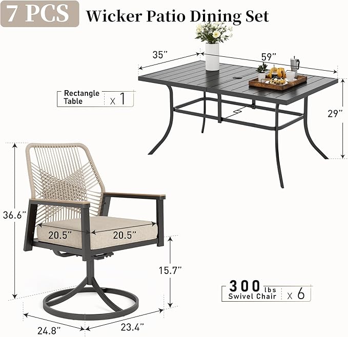 Patio Dining Set 7 Piece, 6 x Woven Rattan Swivel Chairs with Waterproof Cushion, 59" Rectangular Metal Dining Table with Umbrella Hole, Outdoor Table and Chairs Set for Backyard Lawn and Deck, Beige