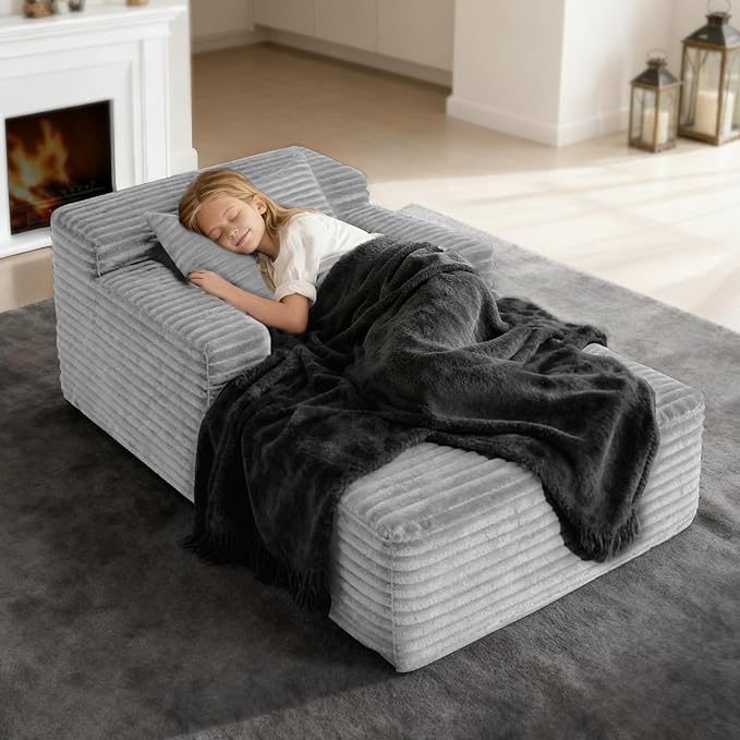 45'' Chaise Lounge Chair Indoor, Corduroy Upholstered Boneless Sofa Bed, Deep Seat Sleeper Couch Reading Chairs, Small Comfy Cloud Sofas Couches for Living Room, Bedroom, Movie Room (LightGray)