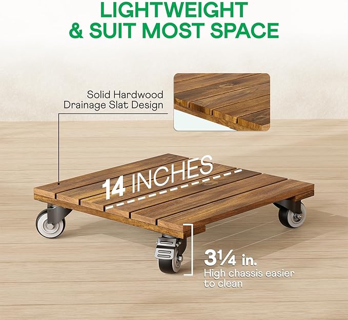 Idzo 2-Pack 12 Inch Acacia Wood Rolling Square Plant Caddy for Plant Pots, Heavy Duty Plant Stand with 360° Lockable Wheels, 264 lbs Capacity Caddy for Indoor and Outdoor Use, Natural Wood