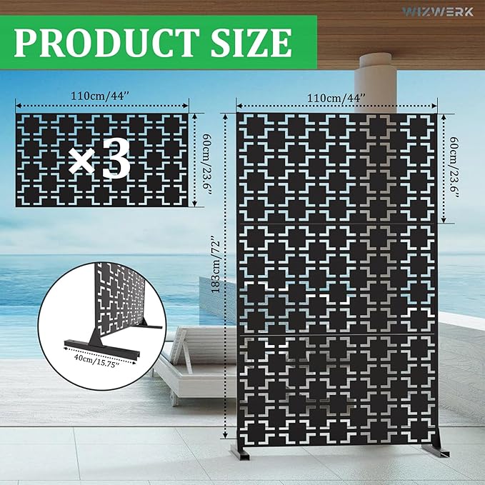 6FT Outdoor Metal Privacy Screen – Decorative Privacy Fence and Room/Garden Divider, Weather-Resistant Freestanding Panel with Stand, Durable Steel for Patio, Garden, Balcony, or Backyard