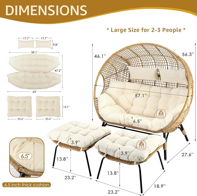 NICESOUL Indoor Outdoor Double Egg Chair with Ottoman Padded Cushions, 57.1" Plus Size XL Wicker Lounge Chair Deep Seating with Footrests, 2 Person Loveseat for Patio Porch Balcony Cream Beige