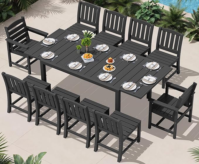 SERWALL 11-Piece Outdoor Dining Set, 60" - 83" Expandable Outdoor Dining Table and 10 HDPE Chairs, All Weather HDPE Outdoor Furniture Set for Backyard, Garden, Black