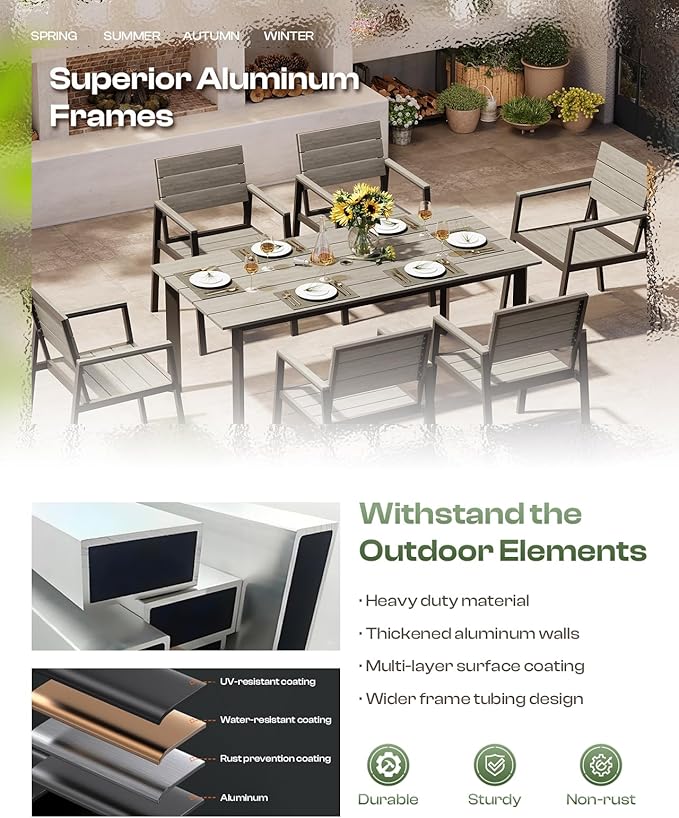 Outdoor Dining Set for 6, Aluminum Patio Table and Chairs Set with Umbrella Hole, 7 Piece HDPS Outdoor Furniture Sets for Patio, Garden (Gray)