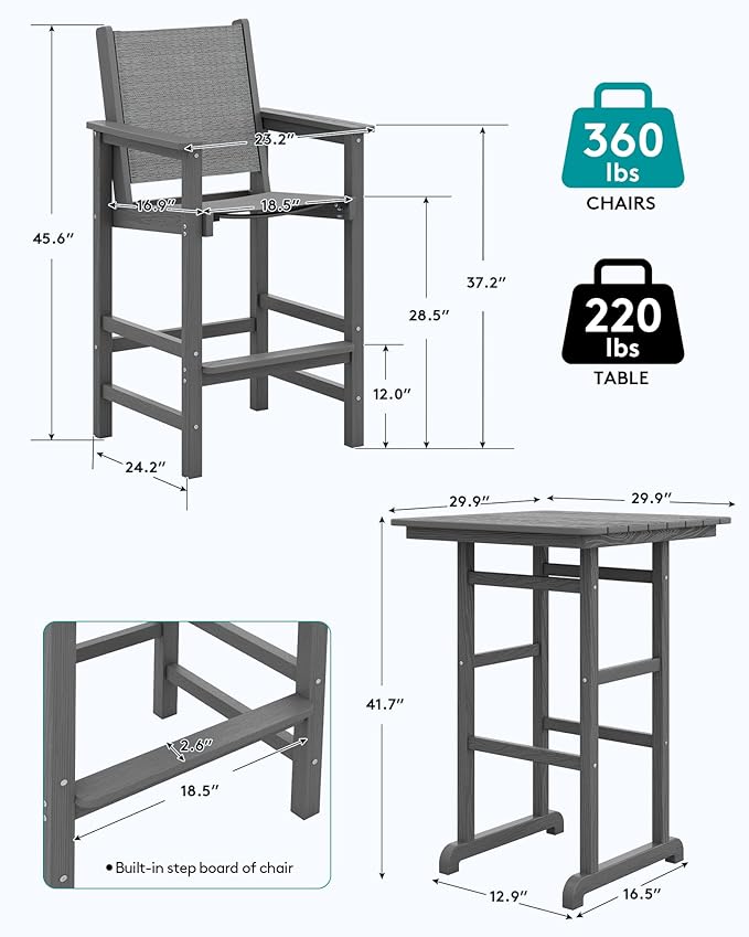 SERWALL 3 Pieces Textilene Adirondack Bar Set, Tall Adirondack Bar Height Chairs with Bar Table, Sling Balcony Adirondack Chairs, Weather Resistance Resin Outdoor Bar Height Stools, Gray