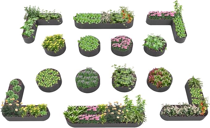A ANLEOLIFE Set of 14, 18 Inch Tall Raised Garden Beds Kit, Heart-Shaped, Large Oval & Round Metal Planters – Ideal for Backyard Vegetables Flowers Herbs, Quartz Grey