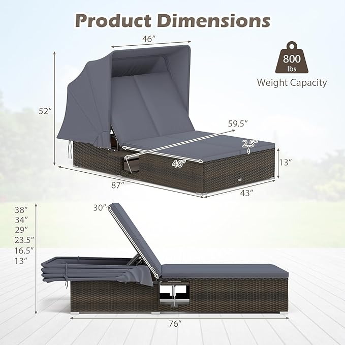 RELAX4LIFE Outdoor Rattan Daybed w/Canopy - Wicker Double Chaise Lounge w/6-Position Backrest, Folding Side Trays & Cushion, 2-Seater Loveseat Sunbed for Backyard, Patio Rattan Bed Lounger (Gray)