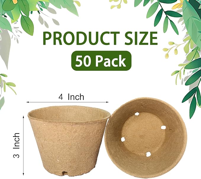 50 Pack 4 Inch Peat Pots, Biodegradable Seed Starter Pots with Drainage Holes for Indoor/Outdoor Gardening, Eco-Friendly Garden Germination Nursery Pots. (50, 4 Inch)