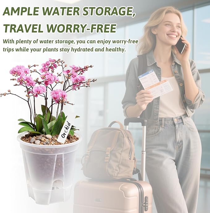 Clear Self Watering Pots for Indoor Plants with 9 Plant Labels, Deep Reservoir, High Drainage Holes, Bare Root Planter for Indoor/Outdoor Plants (5PCS)