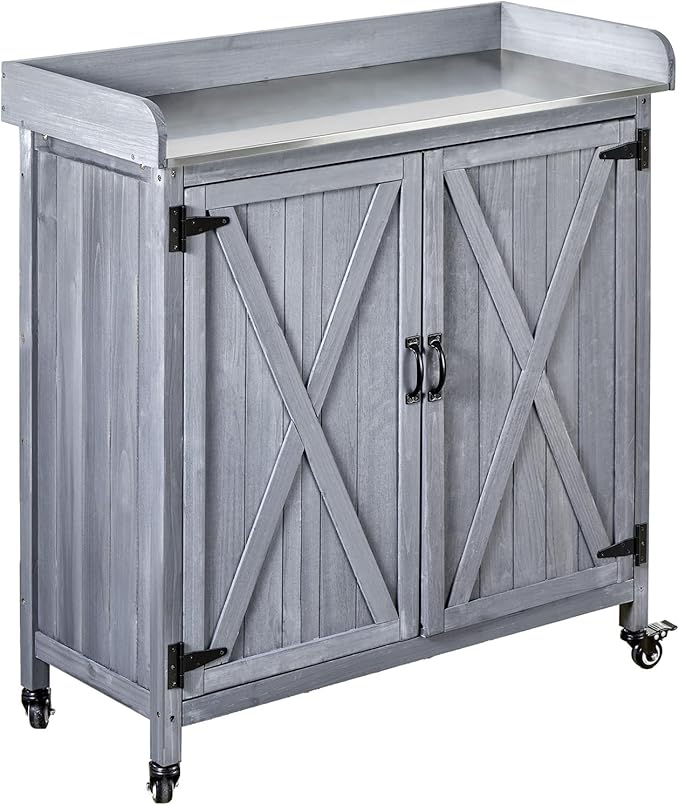 VEVOR Potting Bench Table, Outdoor Gardening Wooden Storage Cabinet with 36 x 16 in Galvanized Iron Tabletop, Garden Planting Workstation with Large Storage Space, 4 Casters for Patio, Backyard, Gray