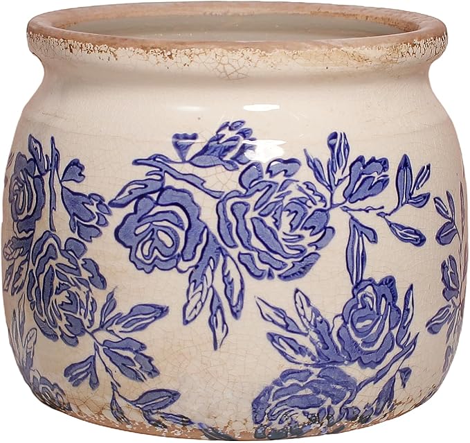 Chinoiserie Ceramic Plant Pot for Garden Decor, 6.29in Rustic Farmhouse Planter with Drainage Hole for House Plants, Blue and White Vase for Centerpiece, Kitchen & Office Decoration, Plant Lover Gifts